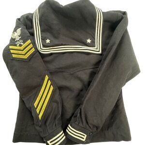Vintage US Navy Black Wool Sailor Jumper Crackerjack Top Eagle Rating Badge 38R